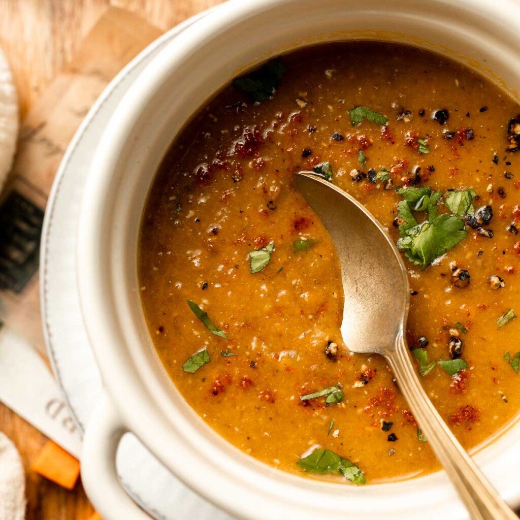 Enjoy a cozy bowl of butternut squash lentil soup, packed with protein, fiber, and nutrients. This hearty recipe makes the ultimate plant-based meal. | aheadofthyme.com
