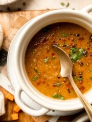 Enjoy a cozy bowl of butternut squash lentil soup, packed with protein, fiber, and nutrients. This hearty recipe makes the ultimate plant-based meal. | aheadofthyme.com