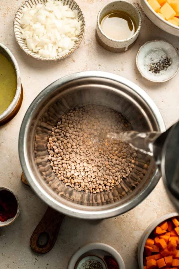 Enjoy a cozy bowl of butternut squash lentil soup, packed with protein, fiber, and nutrients. This hearty recipe makes the ultimate plant-based meal. | aheadofthyme.com