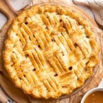 Homemade Caramel Apple Pie is warm, spiced, and gooey. A classic apple pie with caramel sauce baked inside for the ultimate fall dessert. | aheadofthyme.com