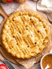 Homemade Caramel Apple Pie is warm, spiced, and gooey. A classic apple pie with caramel sauce baked inside for the ultimate fall dessert. | aheadofthyme.com