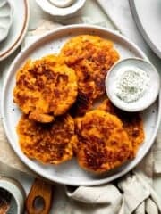 Crispy Sweet Potato Hash Browns are a quick, easy, and healthy breakfast side. Golden brown edges with tender, flavorful centers every time! | aheadofthyme.com