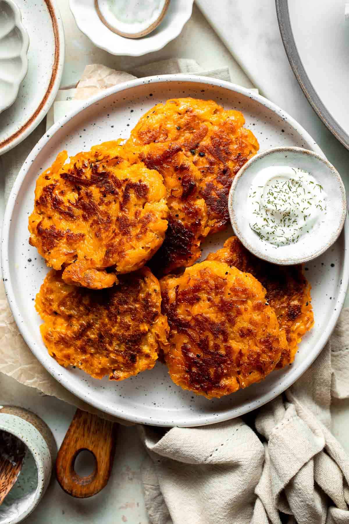 Crispy Sweet Potato Hash Browns are a quick, easy, and healthy breakfast side. Golden brown edges with tender, flavorful centers every time! | aheadofthyme.com