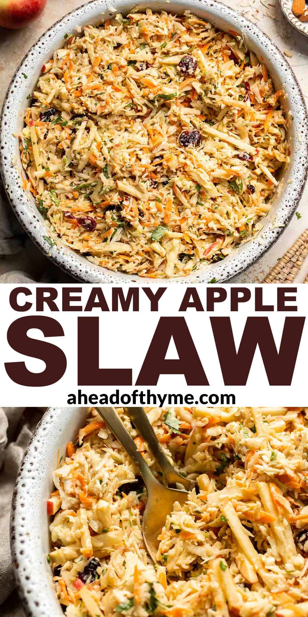 This easy apple slaw recipe is the perfect combination of crisp apples, crunchy cabbage, and a creamy dressing. A fresh side dish ready in 10 minutes! | aheadofthyme.com