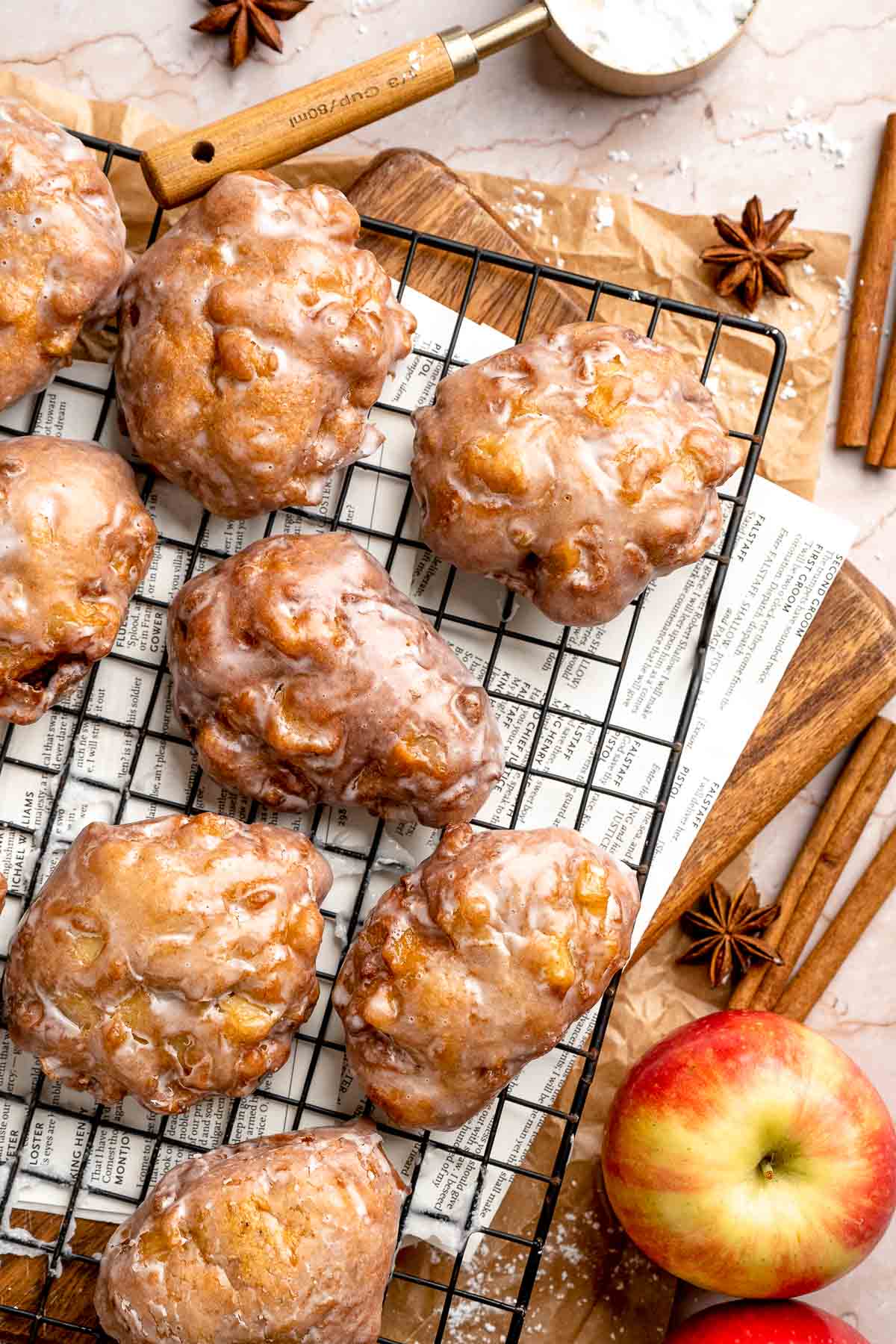 Old fashioned apple fritters are crispy, fluffy, and packed with juicy apples, warm spices, and a sweet glaze. A bakery-style treat at home! | aheadofthyme.com