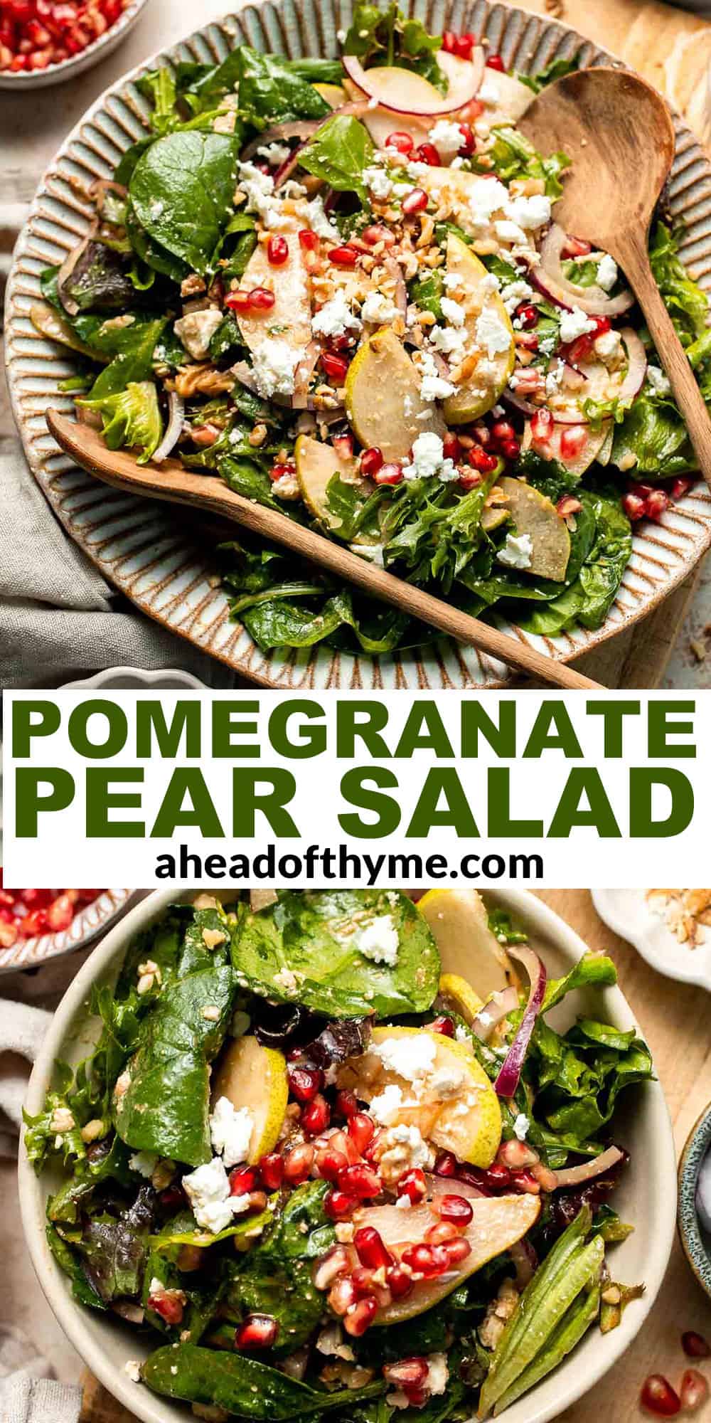 Pomegranate pear salad with walnuts, tangy cheese, and honey balsamic dressing is fresh, colorful, and perfect for holidays or everyday meals. | aheadofthyme.com