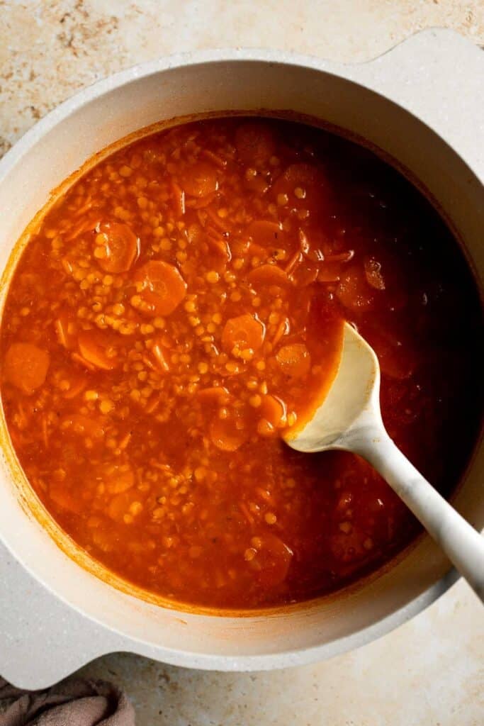 Looking for a hearty and healthy meal? This vegan red lentil soup with carrots is an easy one pot lunch or dinner packed with protein and flavor. | aheadofthyme.com