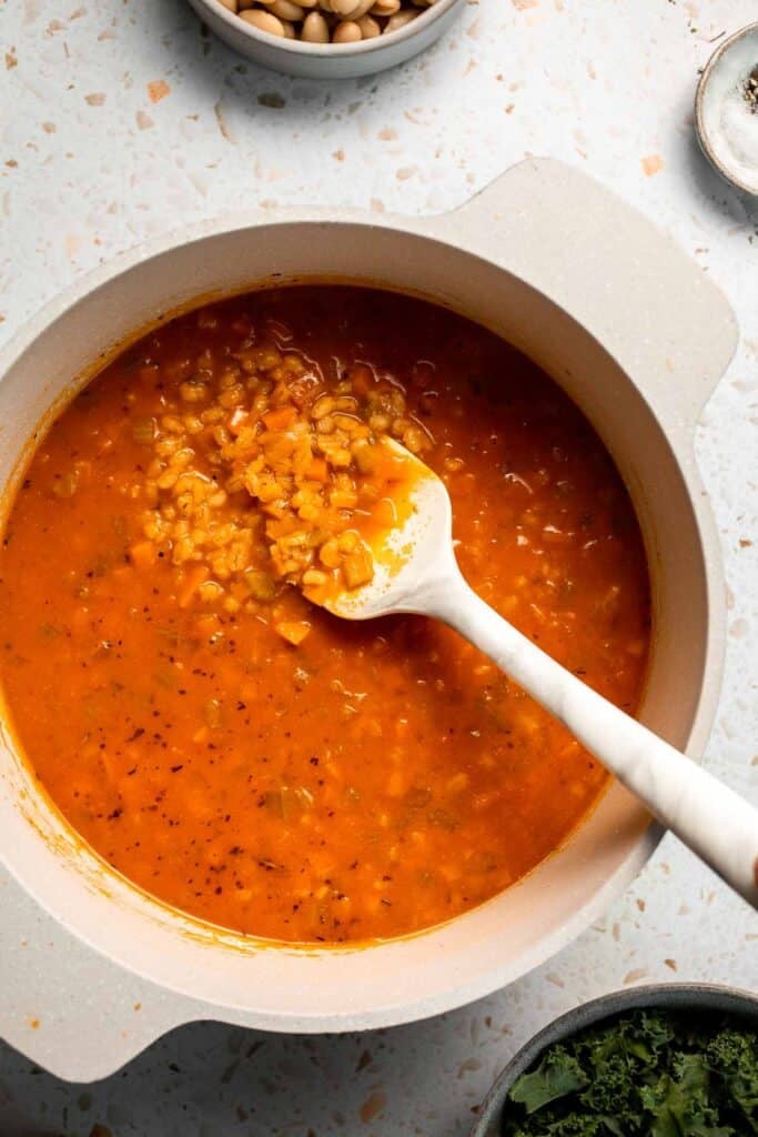 Old Fashioned Vegetable Barley Soup is hearty, healthy, and easy to make. A comforting one-pot classic packed with nutritious veggies and pearl barley. | aheadofthyme.com