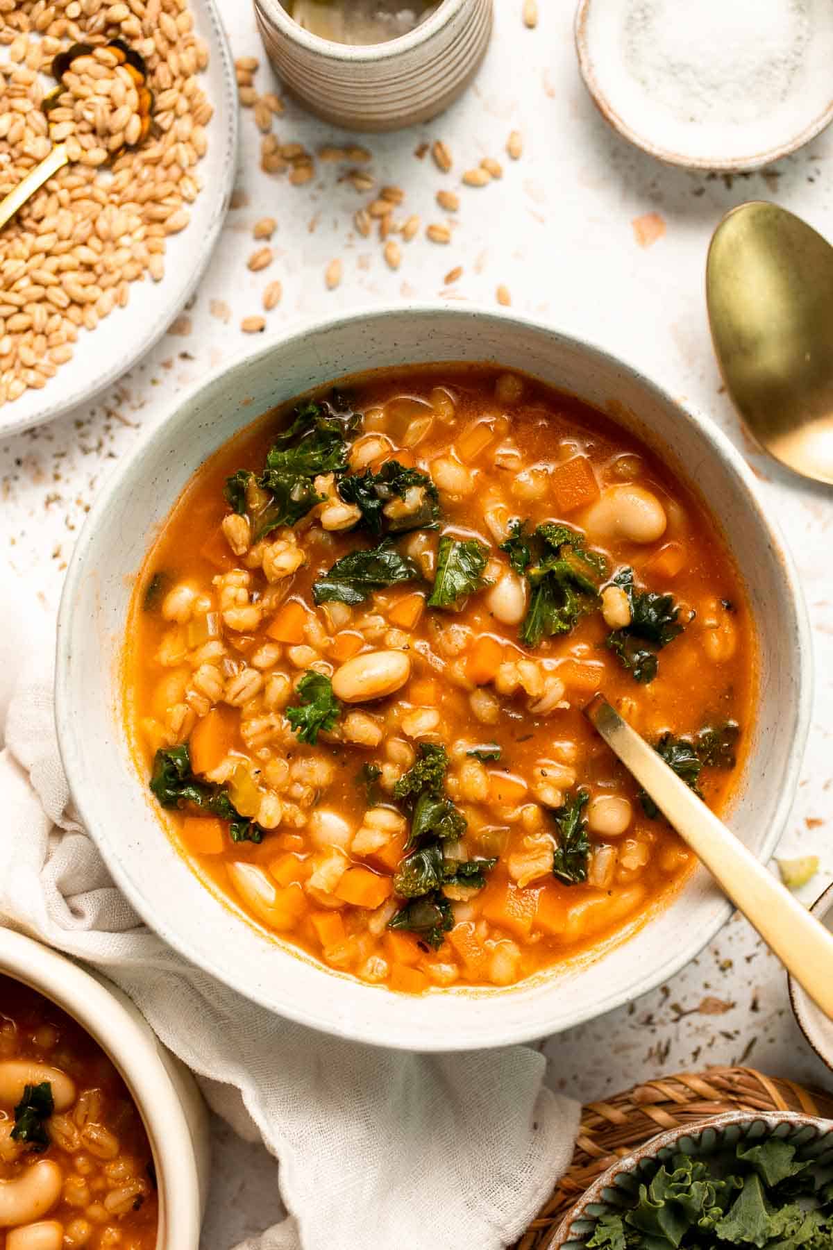 Old Fashioned Vegetable Barley Soup is hearty, healthy, and easy to make. A comforting one-pot classic packed with nutritious veggies and pearl barley. | aheadofthyme.com