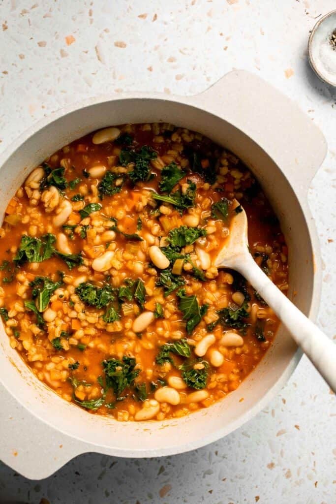 Old Fashioned Vegetable Barley Soup is hearty, healthy, and easy to make. A comforting one-pot classic packed with nutritious veggies and pearl barley. | aheadofthyme.com