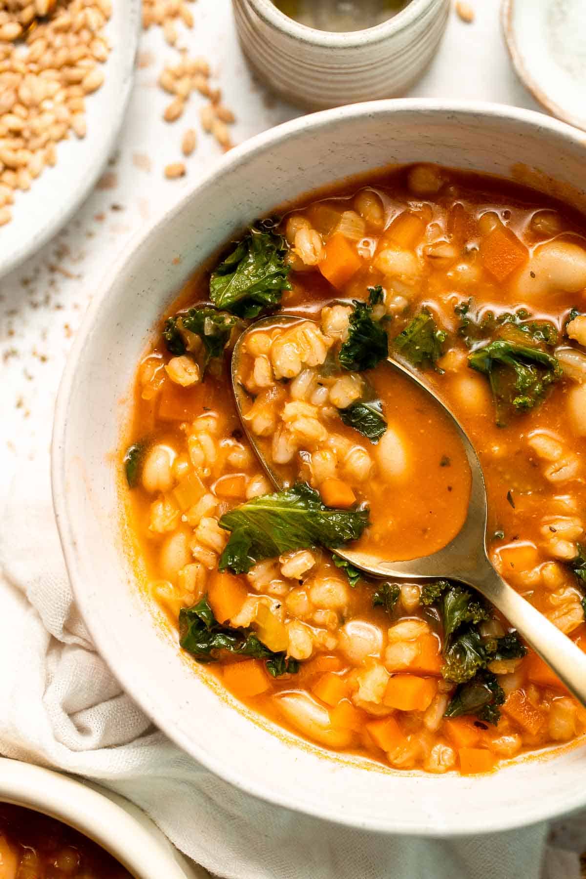 Old Fashioned Vegetable Barley Soup is hearty, healthy, and easy to make. A comforting one-pot classic packed with nutritious veggies and pearl barley. | aheadofthyme.com