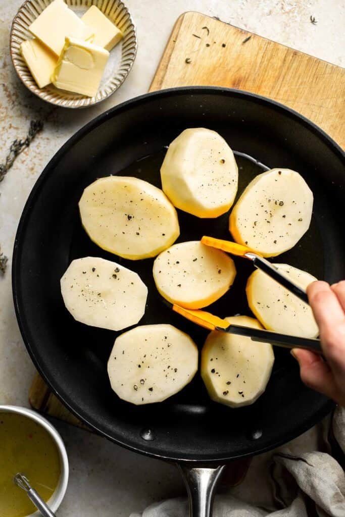 Fondant potatoes, or melting potatoes, are crispy outside and creamy inside. An elegant French side dish that’s perfect for holidays. | aheadofthyme.com