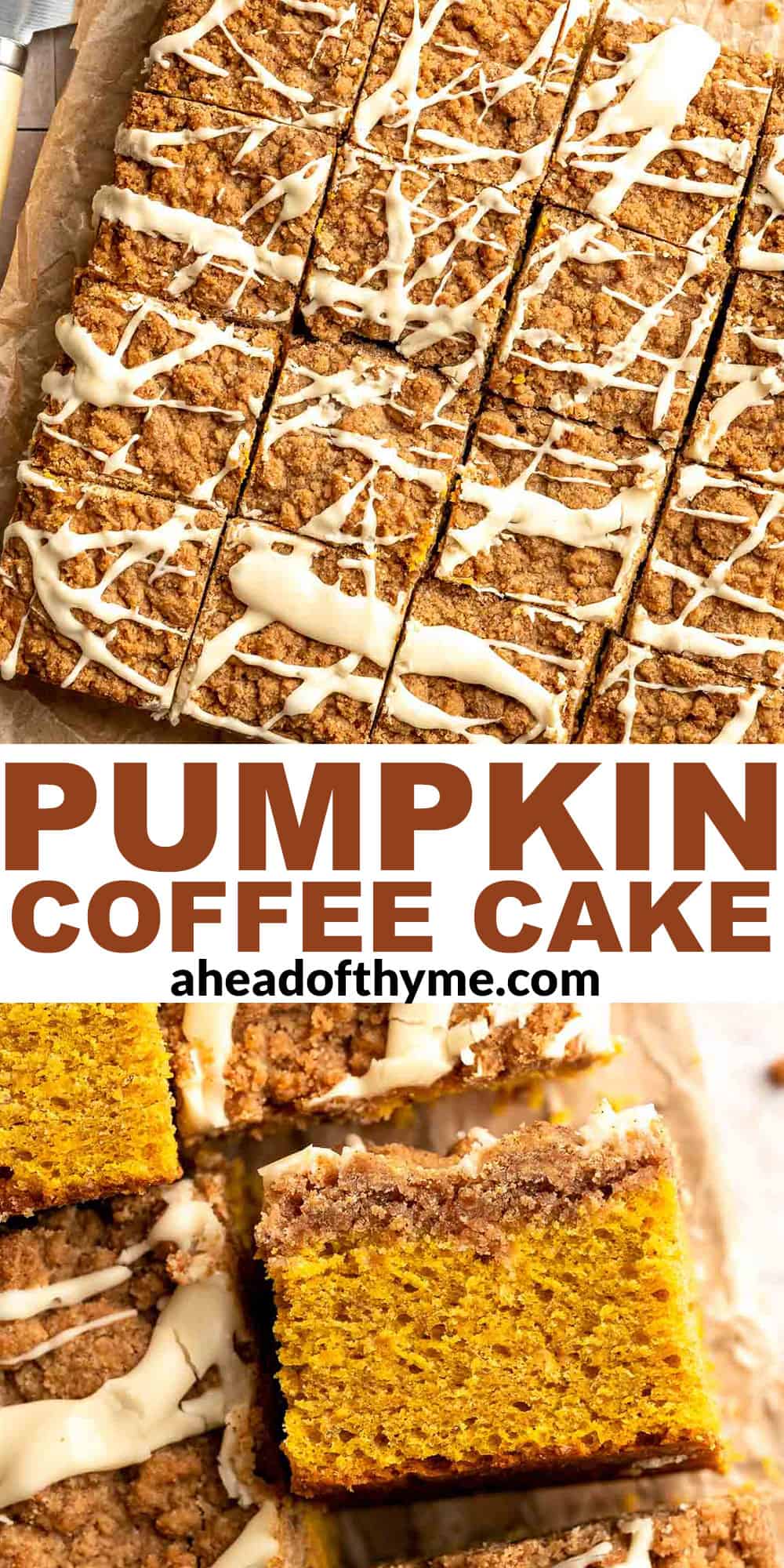 Pumpkin Coffee Cake, topped with a sweet and crunchy streusel and a maple glaze drizzle, is soft, moist, and filled with warm fall spices. | aheadofthyme.com
