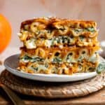 Pumpkin Lasagna with ricotta cheese and spinach is a delicious twist on traditional lasagna - the perfect cozy comfort food for fall. | aheadofthyme.com