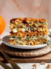 Pumpkin Lasagna with ricotta cheese and spinach is a delicious twist on traditional lasagna - the perfect cozy comfort food for fall. | aheadofthyme.com