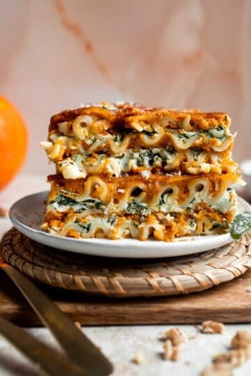 Pumpkin Lasagna with ricotta cheese and spinach is a delicious twist on traditional lasagna — the perfect cozy comfort food for fall. | aheadofthyme.com