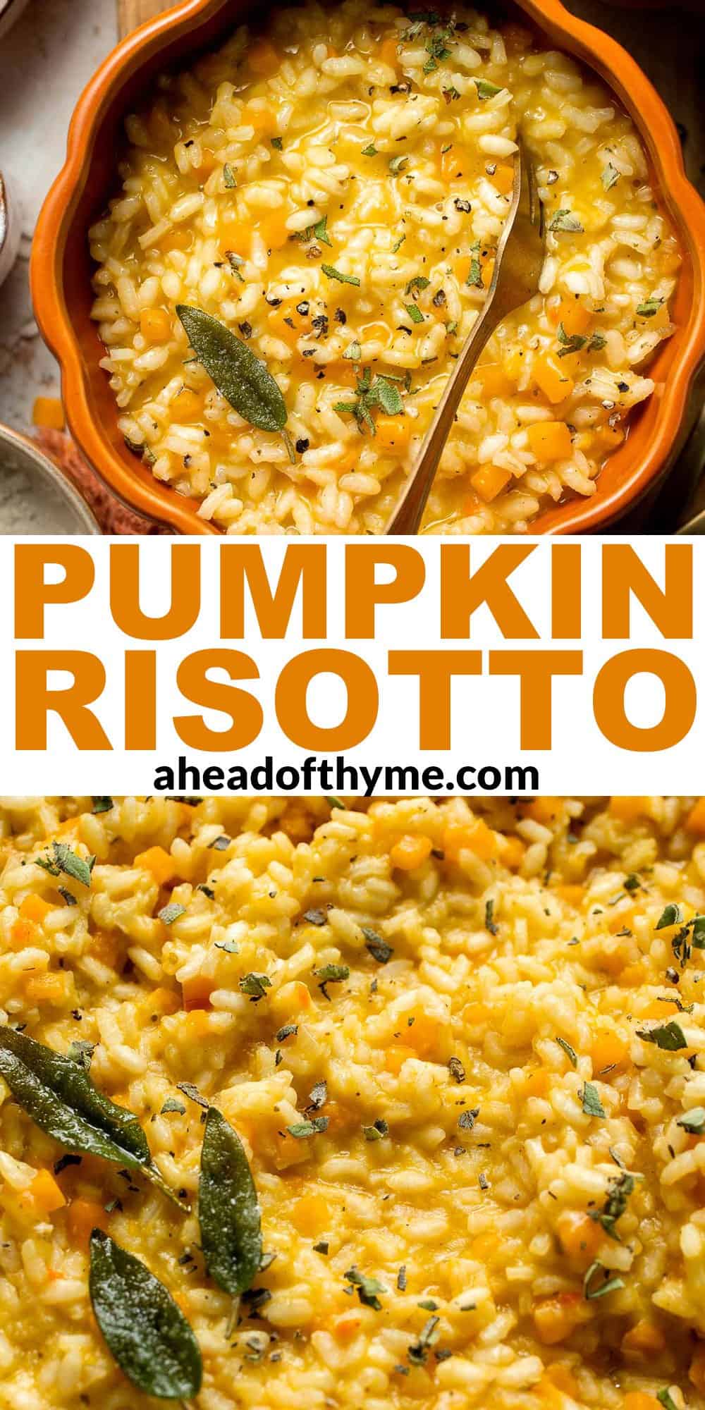 Enjoy a taste of fall with this creamy pumpkin risotto made with arborio rice, savory pumpkin, and aromatic herbs for a cozy, flavorful dish. | aheadofthyme.com