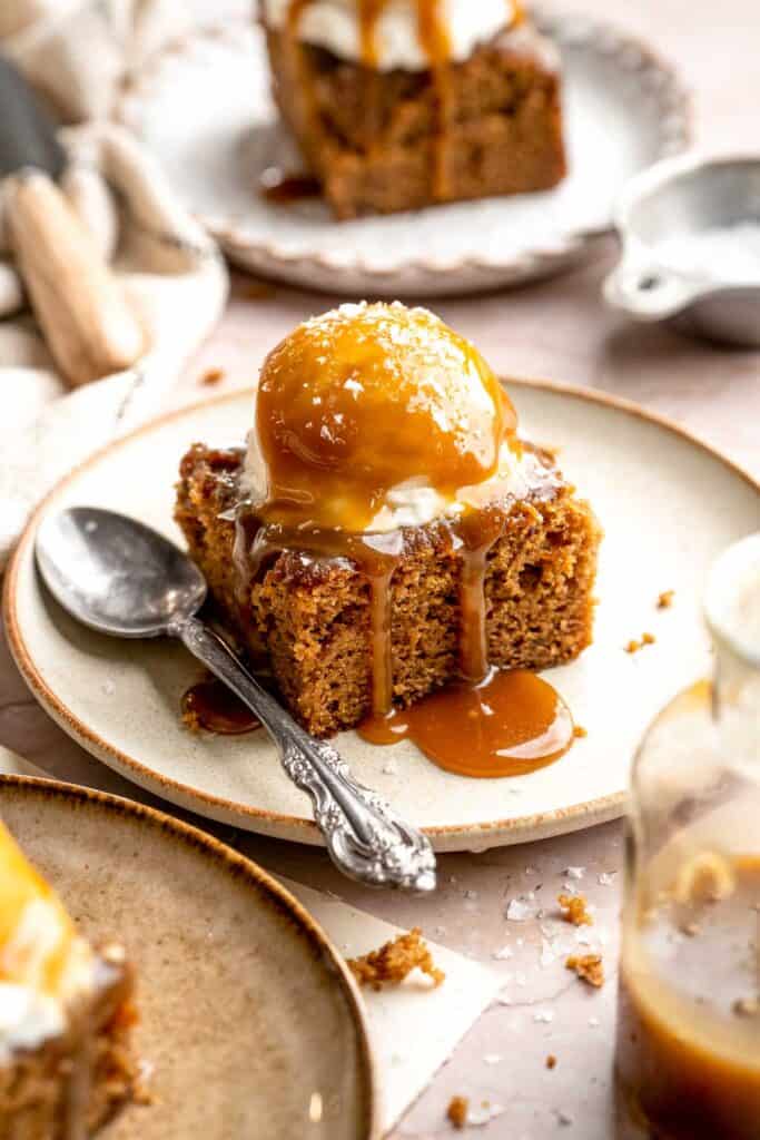 Indulge in a classic British dessert with this sticky toffee pudding recipe made with dates and topped with rich toffee sauce. Moist, sweet, and decadent! | aheadofthyme.com