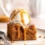 Indulge in a classic British dessert with this sticky toffee pudding recipe made with dates and topped with rich toffee sauce. Moist, sweet, and decadent! | aheadofthyme.com