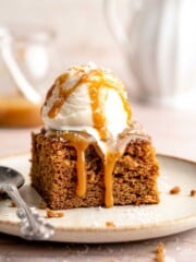 Indulge in a classic British dessert with this sticky toffee pudding recipe made with dates and topped with rich toffee sauce. Moist, sweet, and decadent! | aheadofthyme.com