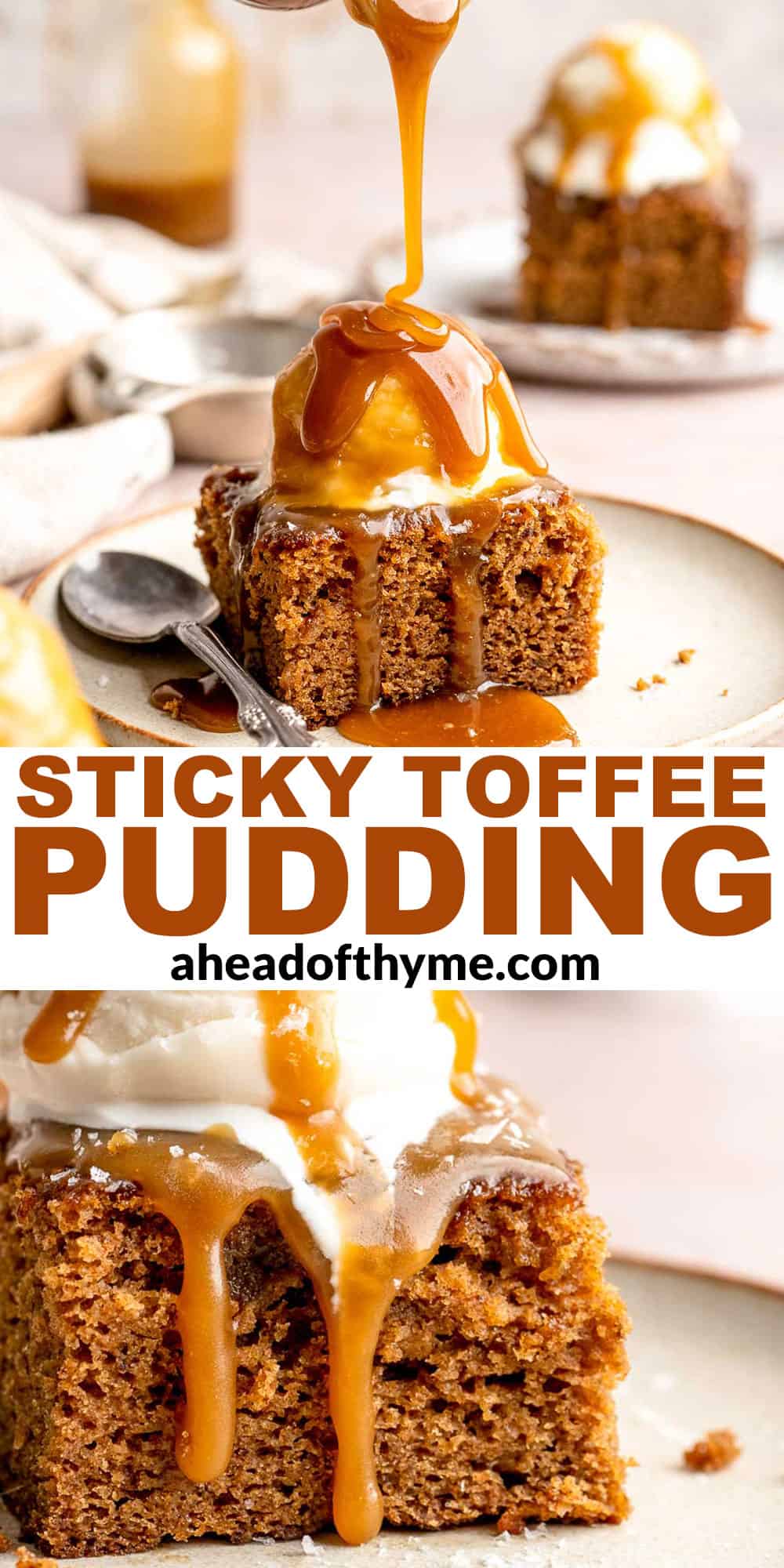 Indulge in a classic British dessert with this sticky toffee pudding recipe made with dates and topped with rich toffee sauce. Moist, sweet, and decadent! | aheadofthyme.com