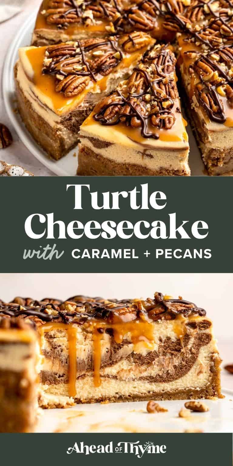 Turtle Cheesecake with Caramel, Chocolate, and Pecans