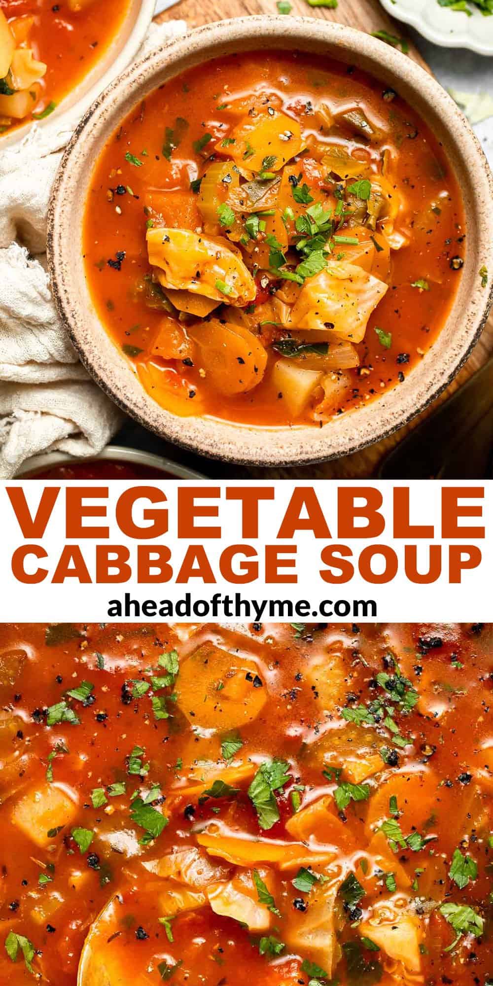 Warm up with this hearty and healthy vegetable cabbage soup packed with potatoes and carrots. A cozy one-pot meal ready in 30 minutes. | aheadofthyme.com