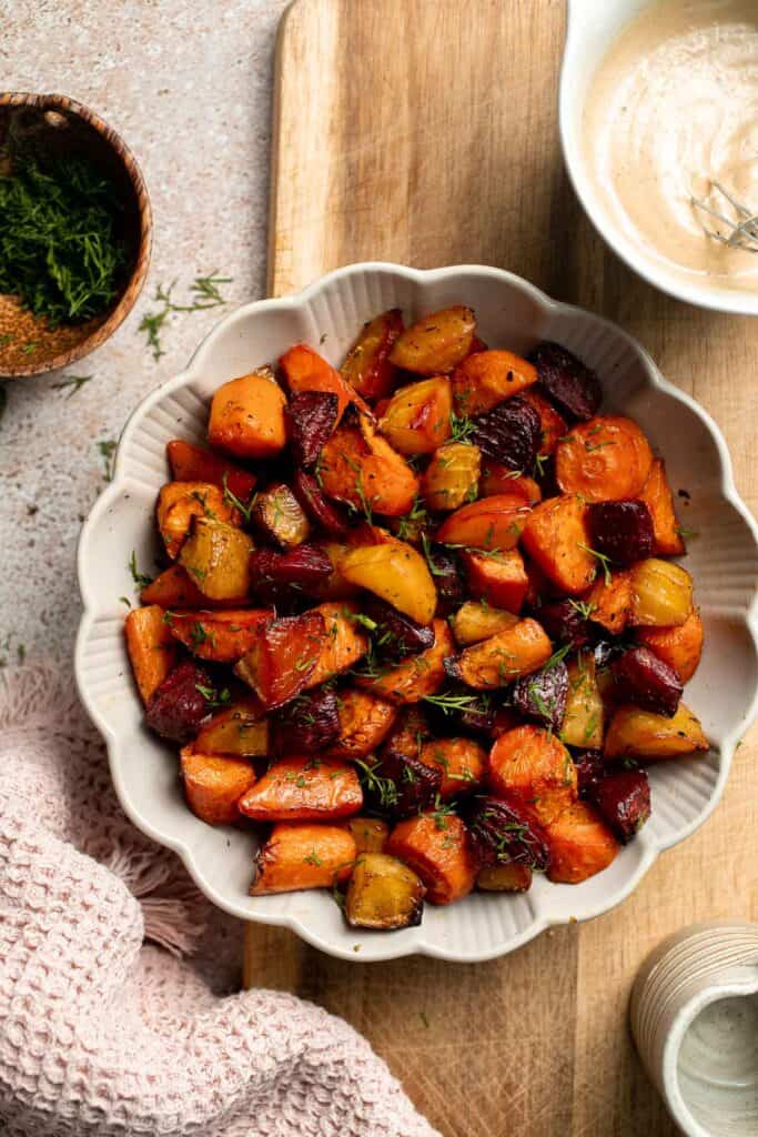 Balsamic Roasted Beets and Carrots are caramelized, sweet, and savory with a glossy glaze. A colorful, healthy side dish with easy air fryer option. | aheadofthyme.com