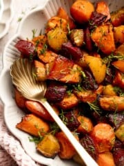 Balsamic Roasted Beets and Carrots are caramelized, sweet, and savory with a glossy glaze. A colorful, healthy side dish with easy air fryer option. | aheadofthyme.com