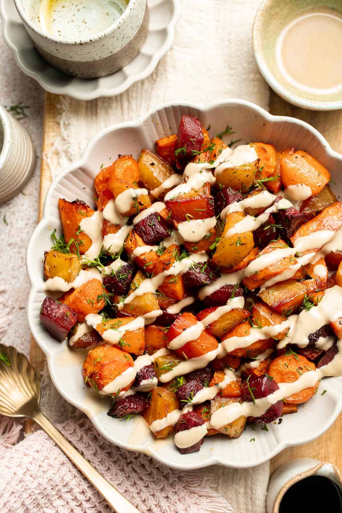 Balsamic Roasted Beets and Carrots are caramelized, sweet, and savory with a glossy glaze. A colorful, healthy side dish with easy air fryer option. | aheadofthyme.com