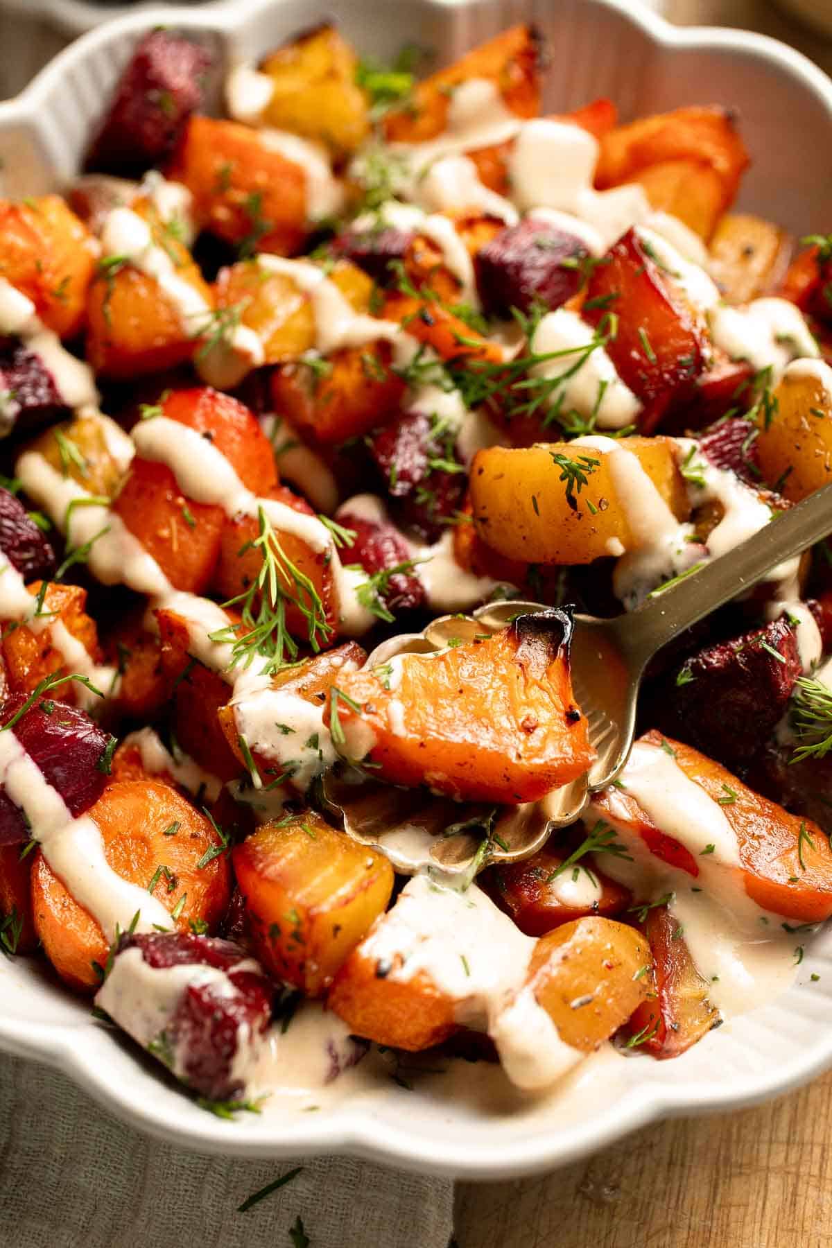 Balsamic Roasted Beets and Carrots are caramelized, sweet, and savory with a glossy glaze. A colorful, healthy side dish with easy air fryer option. | aheadofthyme.com