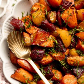 Balsamic Roasted Beets and Carrots are caramelized, sweet, and savory with a glossy glaze. A colorful, healthy side dish with easy air fryer option. | aheadofthyme.com