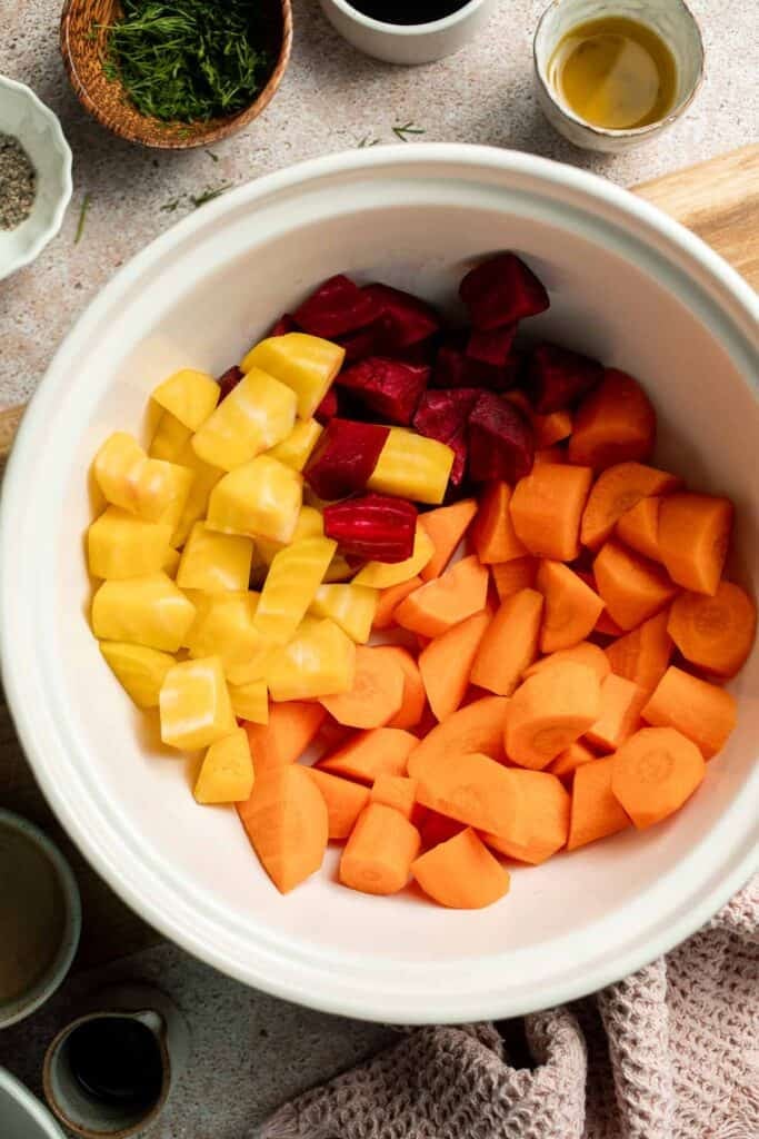 Balsamic Roasted Beets and Carrots are caramelized, sweet, and savory with a glossy glaze. A colorful, healthy side dish with easy air fryer option. | aheadofthyme.com