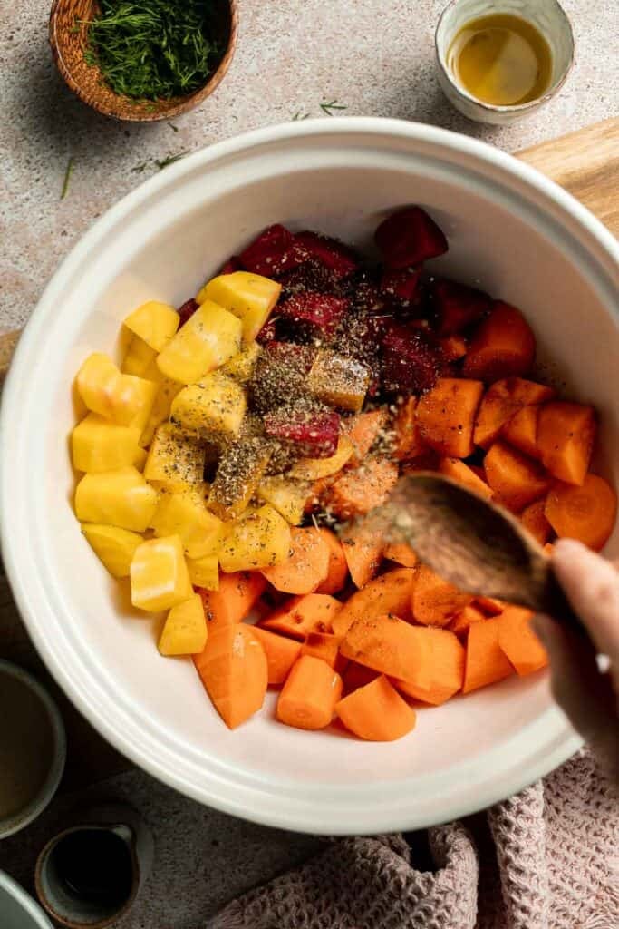 Balsamic Roasted Beets and Carrots are caramelized, sweet, and savory with a glossy glaze. A colorful, healthy side dish with easy air fryer option. | aheadofthyme.com