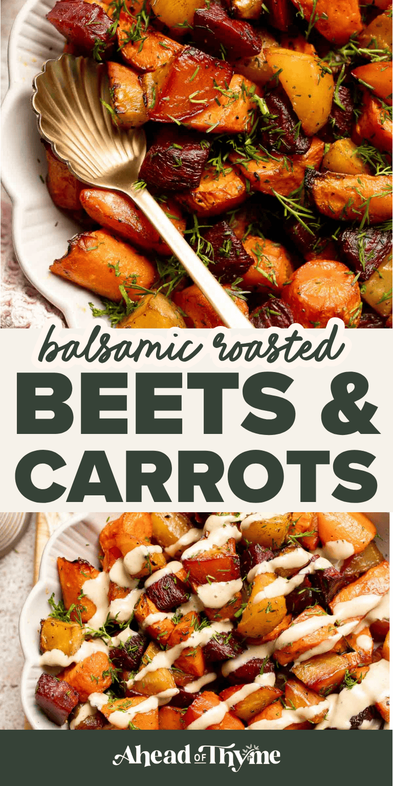 Balsamic Roasted Beets and Carrots are caramelized, sweet, and savory with a glossy glaze. A colorful, healthy side dish with easy air fryer option. | aheadofthyme.com