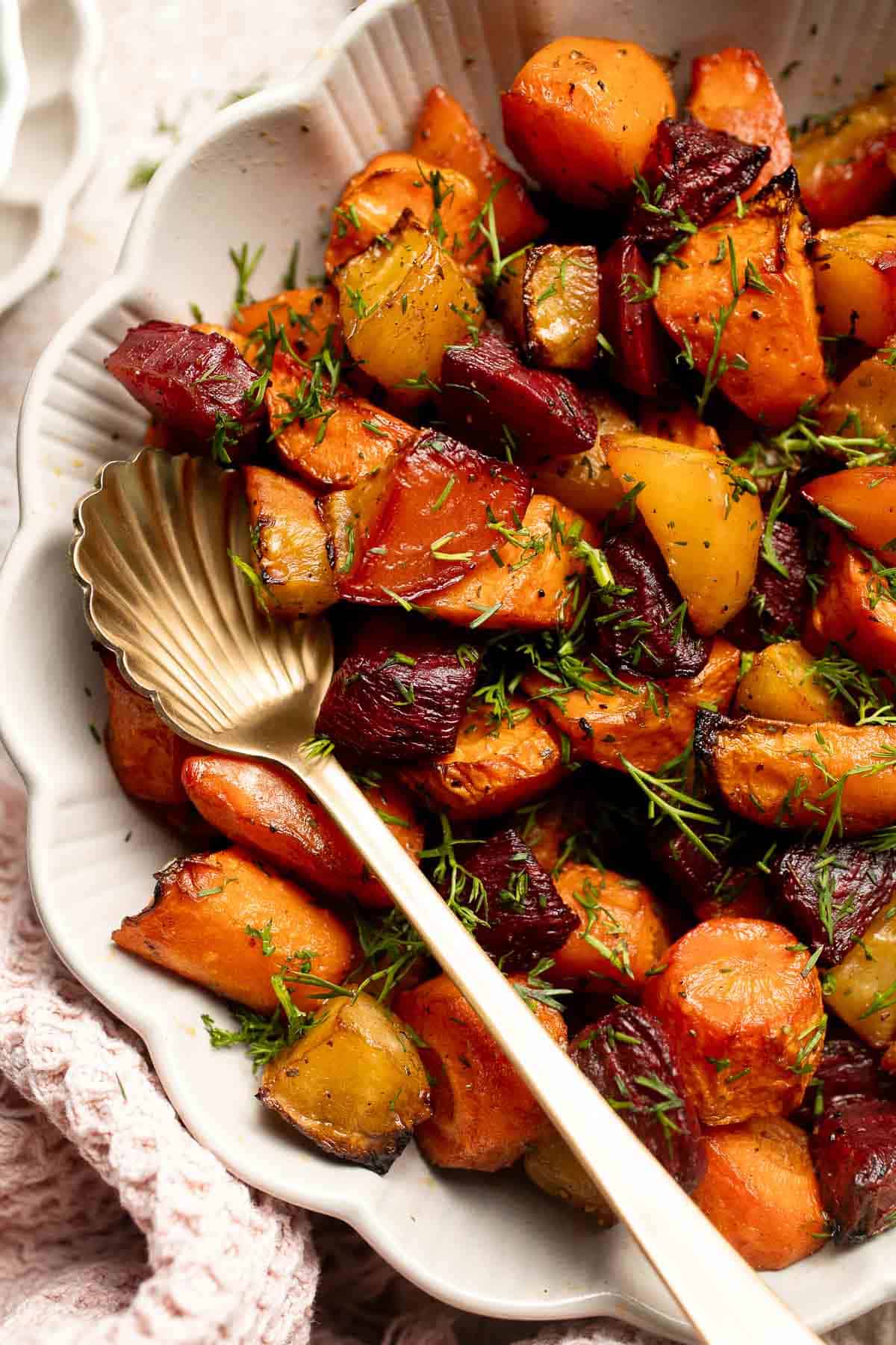 Balsamic Roasted Beets and Carrots are caramelized, sweet, and savory with a glossy glaze. A colorful, healthy side dish with easy air fryer option. | aheadofthyme.com