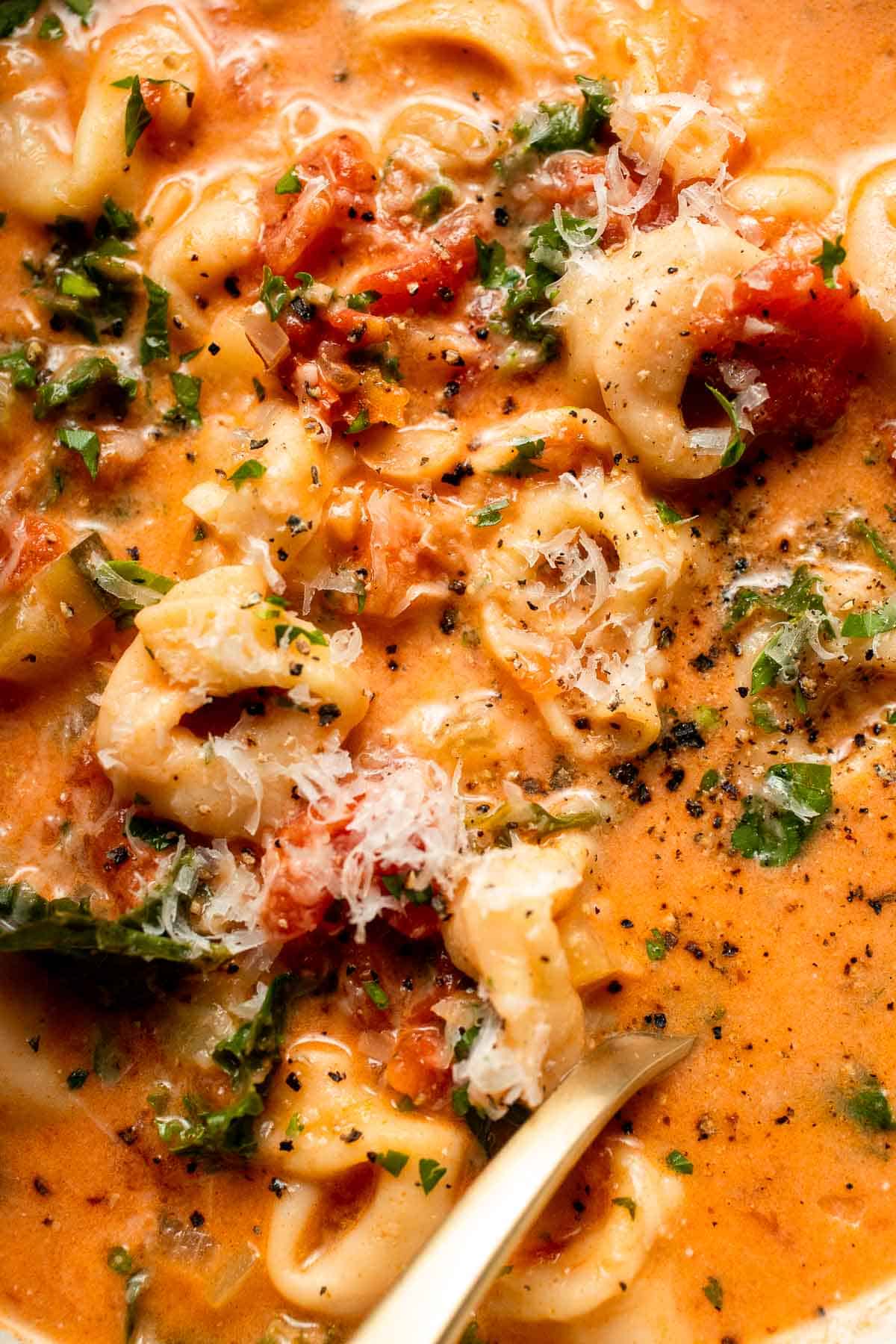Creamy Tortellini Minestrone Soup is hearty, cozy, and loaded with veggies, beans, and cheese tortellini in a rich tomato-cream broth. | aheadofthyme.com