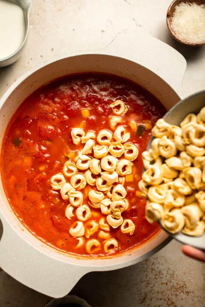Creamy Tortellini Minestrone Soup is hearty, cozy, and loaded with veggies, beans, and cheese tortellini in a rich tomato-cream broth. | aheadofthyme.com