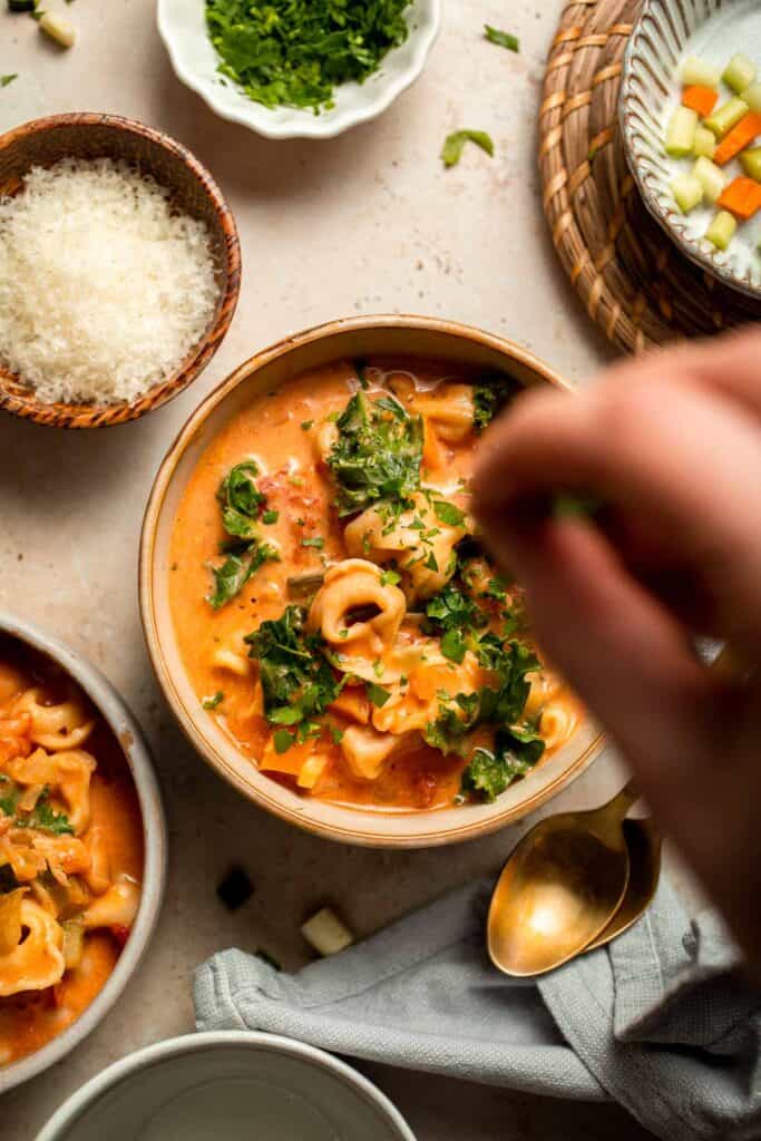 Creamy Tortellini Minestrone Soup is hearty, cozy, and loaded with veggies, beans, and cheese tortellini in a rich tomato-cream broth. | aheadofthyme.com