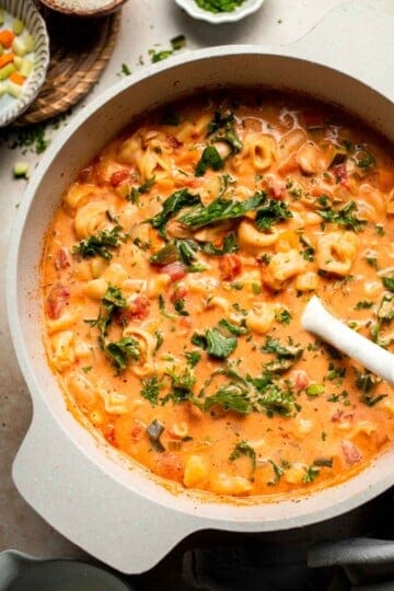 Creamy Tortellini Minestrone Soup is hearty, cozy, and loaded with veggies, beans, and cheese tortellini in a rich tomato-cream broth. | aheadofthyme.com