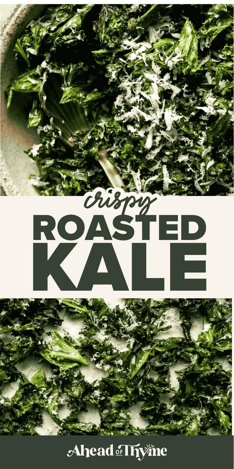 Crispy roasted kale made with olive oil, garlic, and parmesan. A quick and healthy side dish that bakes into perfectly crunchy, flavorful pieces. | aheadofthyme.com