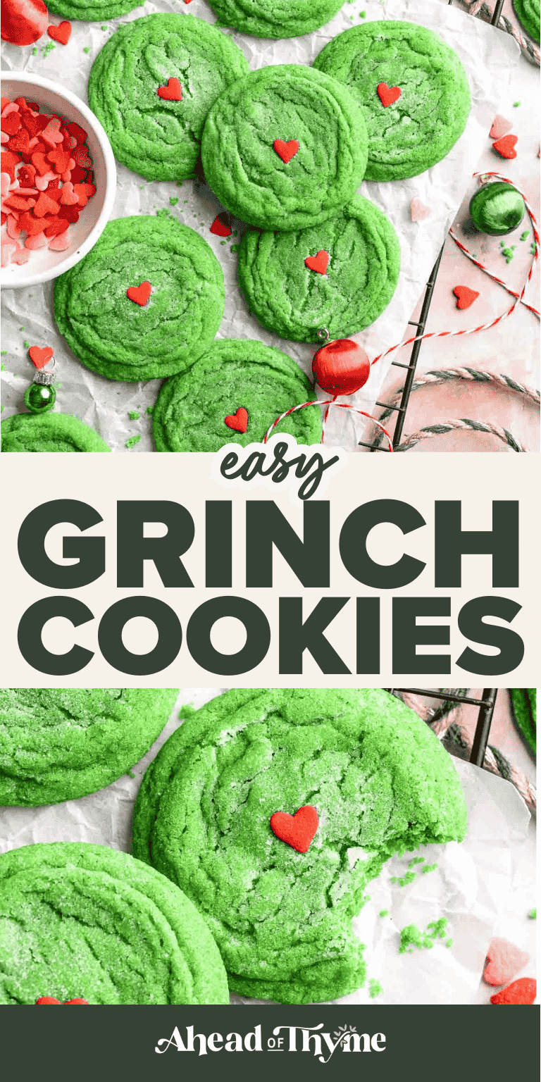 Grinch Cookies are soft, chewy green sugar cookies rolled in sparkly sugar and topped with a red heart. The cutest Christmas cookies for holiday baking. | aheadofthyme.com