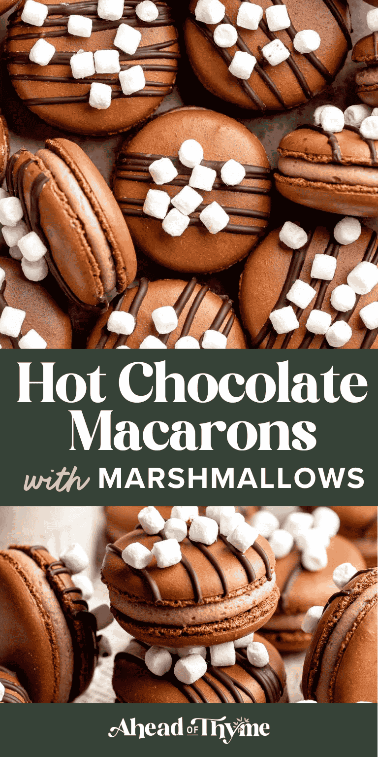 Hot chocolate macarons with cocoa shells and fluffy marshmallow filling. A cozy winter treat perfect for holiday baking and festive cookie trays. | aheadofthyme.com