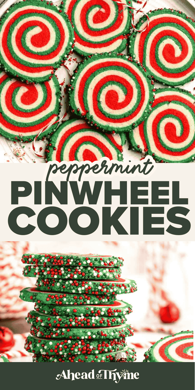 Peppermint pinwheel cookies with red, green, and white swirled dough rolled in festive sprinkles. A fun slice and bake Christmas cookie. | aheadofthyme.com
