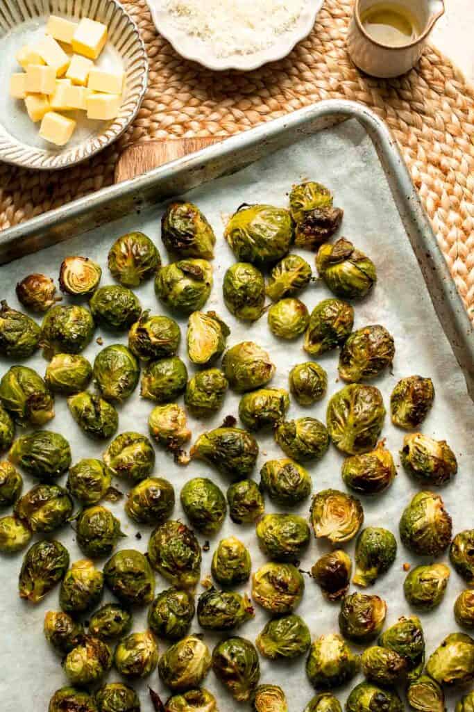 Roasted Brussels Sprouts Pasta is creamy, cozy, and full of caramelized sprouts tossed in a garlic Parmesan sauce. A delicious and easy weeknight dinner. | aheadofthyme.com