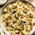 Roasted Brussels Sprouts Pasta is creamy, cozy, and full of caramelized sprouts tossed in a garlic Parmesan sauce. A delicious and easy weeknight dinner. | aheadofthyme.com