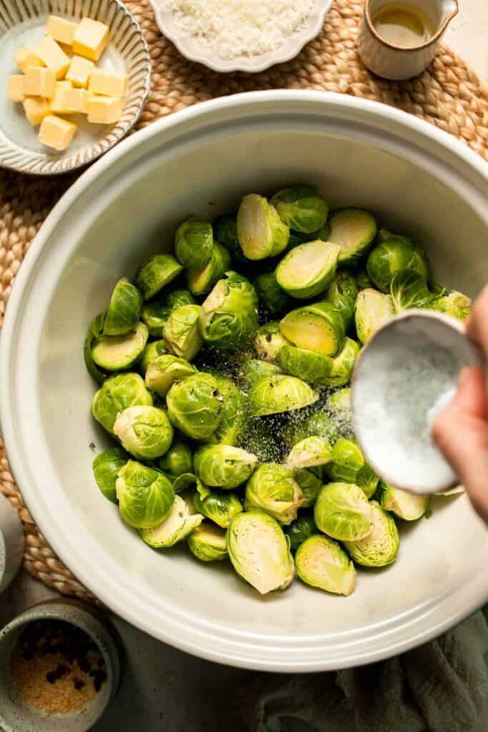 Roasted Brussels Sprouts Pasta is creamy, cozy, and full of caramelized sprouts tossed in a garlic Parmesan sauce. A delicious and easy weeknight dinner. | aheadofthyme.com