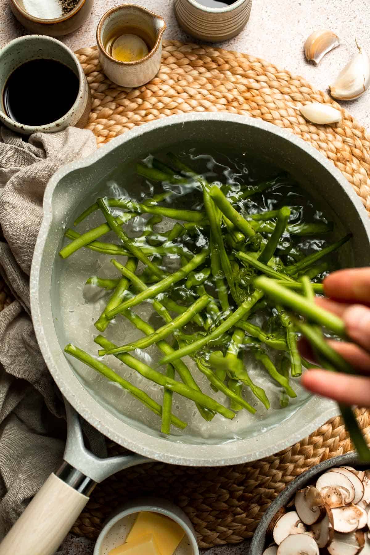 Sautéed Green Beans and Mushrooms are garlicky, buttery, and ready in 25 minutes — a flavorful side dish for any meal. | aheadofthyme.com