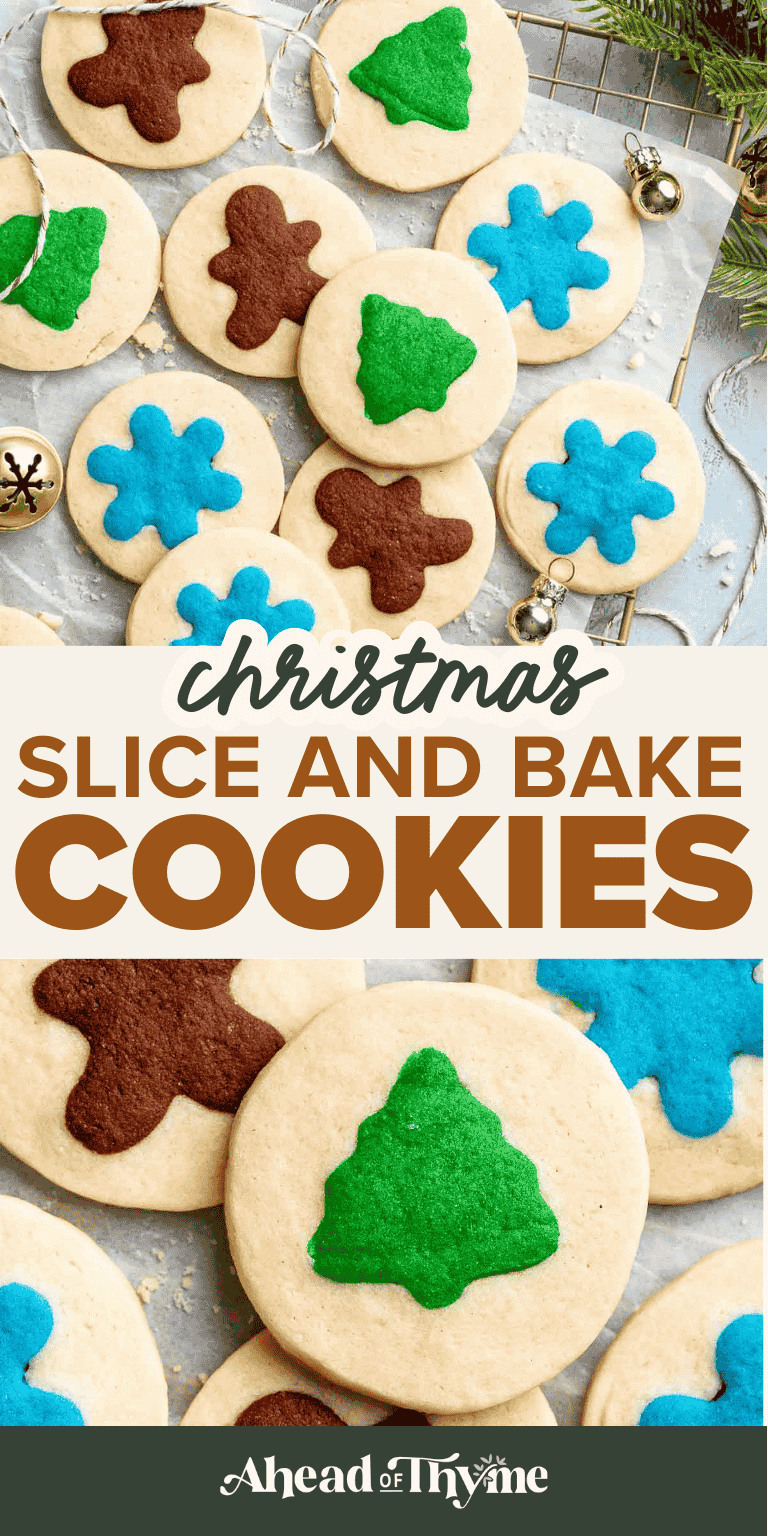 Easy slice and bake Christmas cookies with buttery dough and festive colors, perfect for make ahead holiday baking. | aheadofthyme.com
