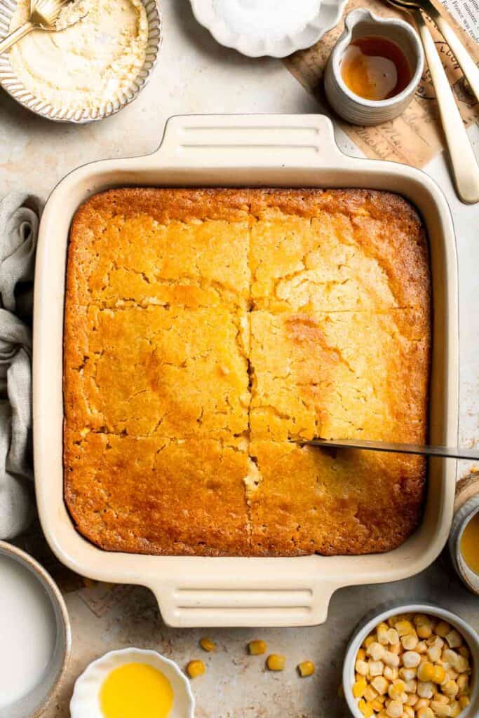 Soft, buttery, and comforting, this Southern Spoon Bread is part cornbread, part casserole. Perfectly fluffy and easy to make for any meal. | aheadofthyme.com